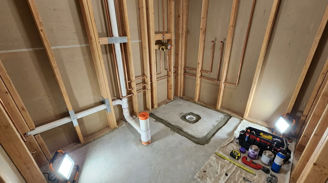 Bathroom rough-in plumbing during remodel by Johns Plumbing LLC in New Stanton