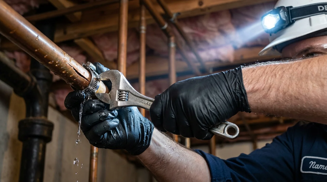 Emergency pipe clamp repair being performed by a Johns Plumbing LLC plumber in New Stanton