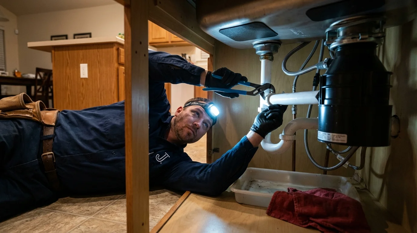 P-trap and supply line connections under a kitchen sink showing a common leak point in New Stanton, PA